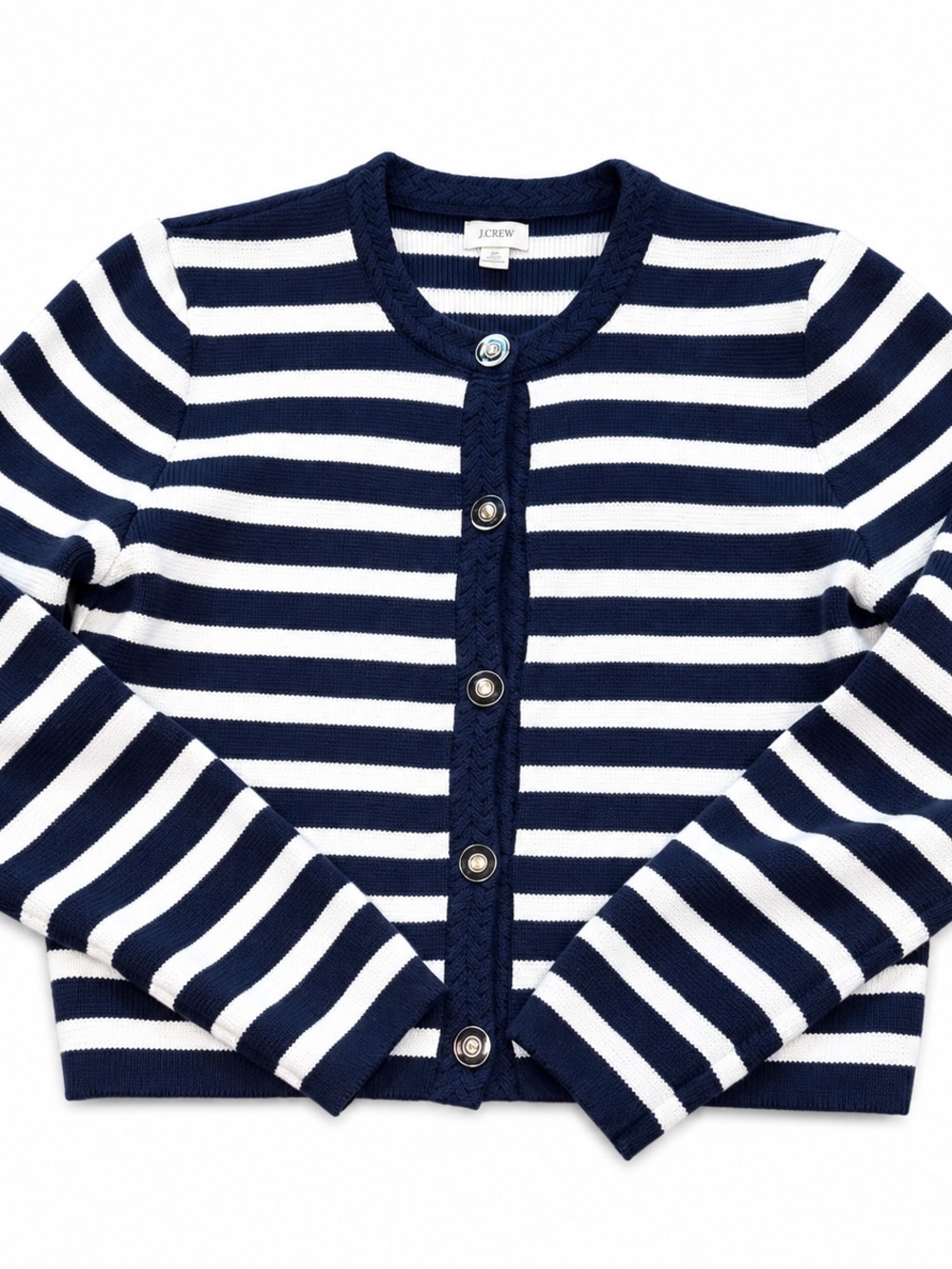 J. Crew Navy and White Striped Button Front Cardigan